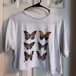 White T-Shirt with Colorful Butterfly Print